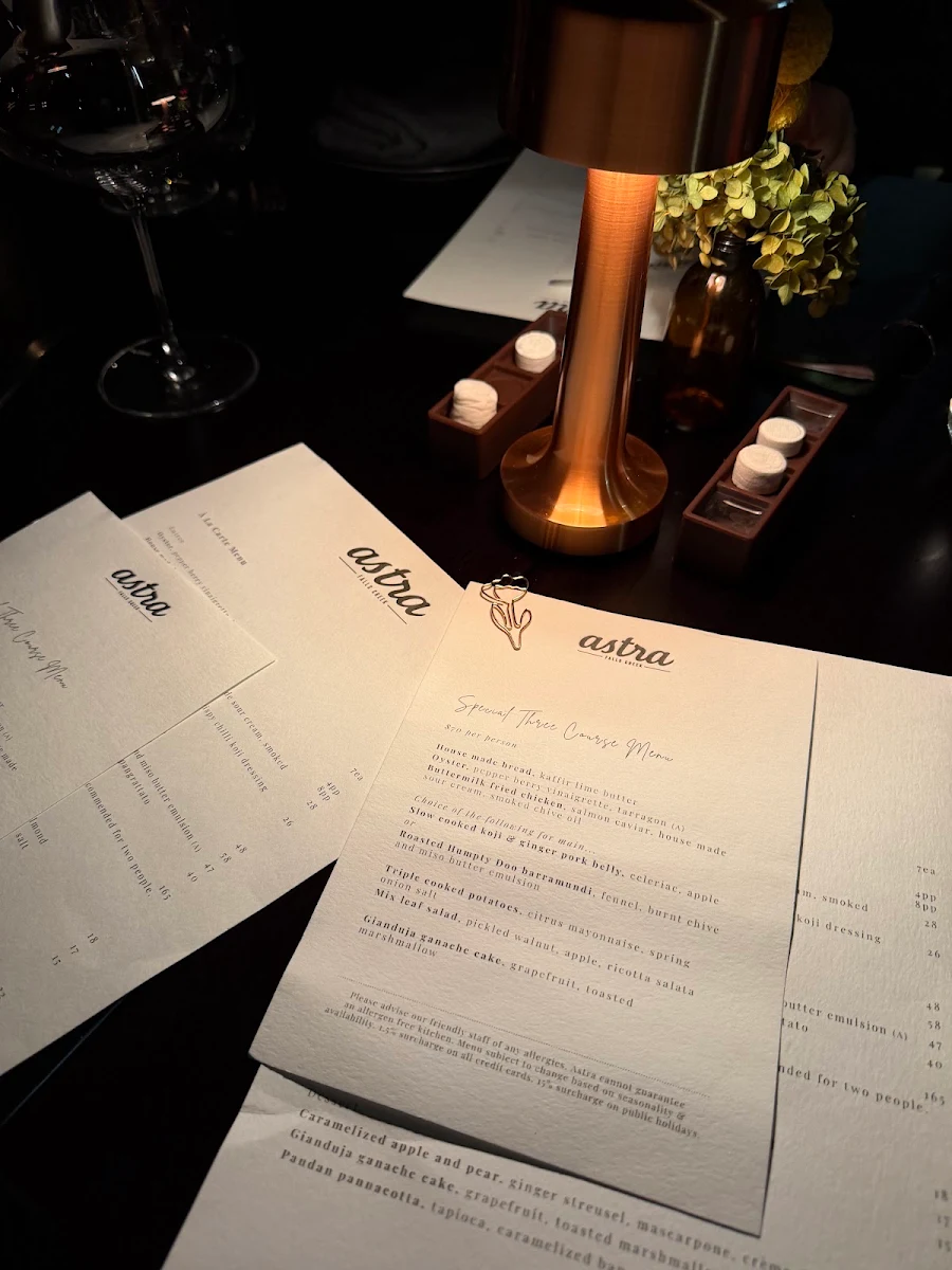 Menu, Astra Bar & Restaurant