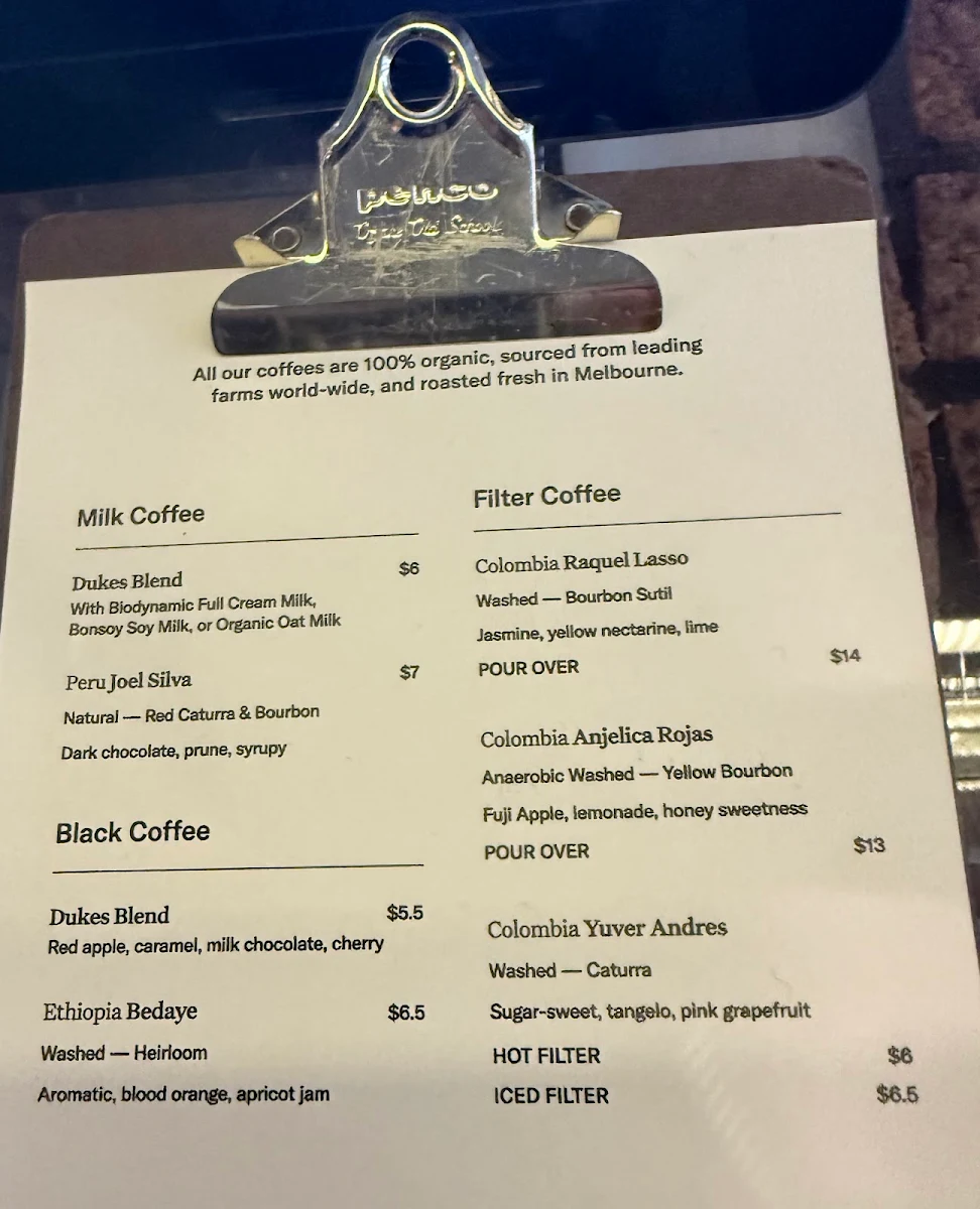 Menu, Dukes Coffee Roasters