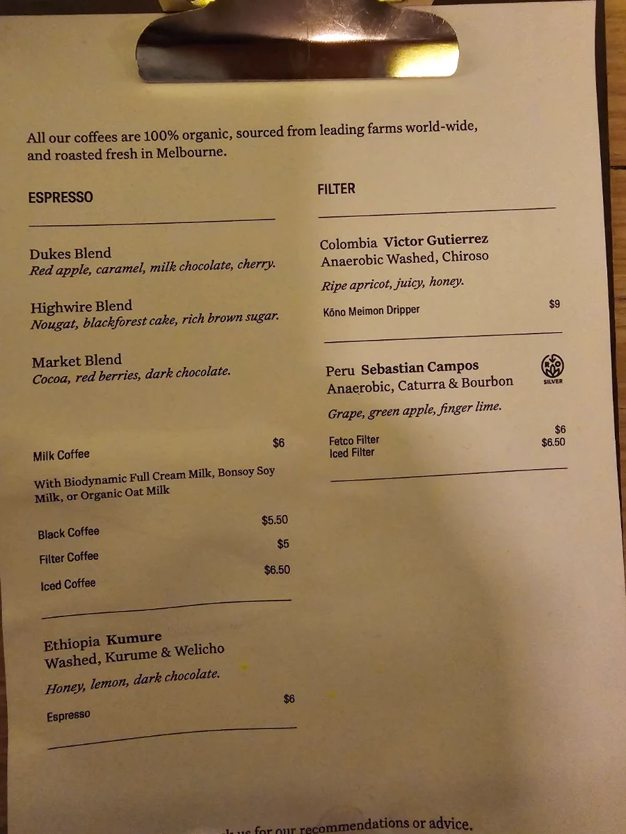 Menu, Dukes Coffee Roasters