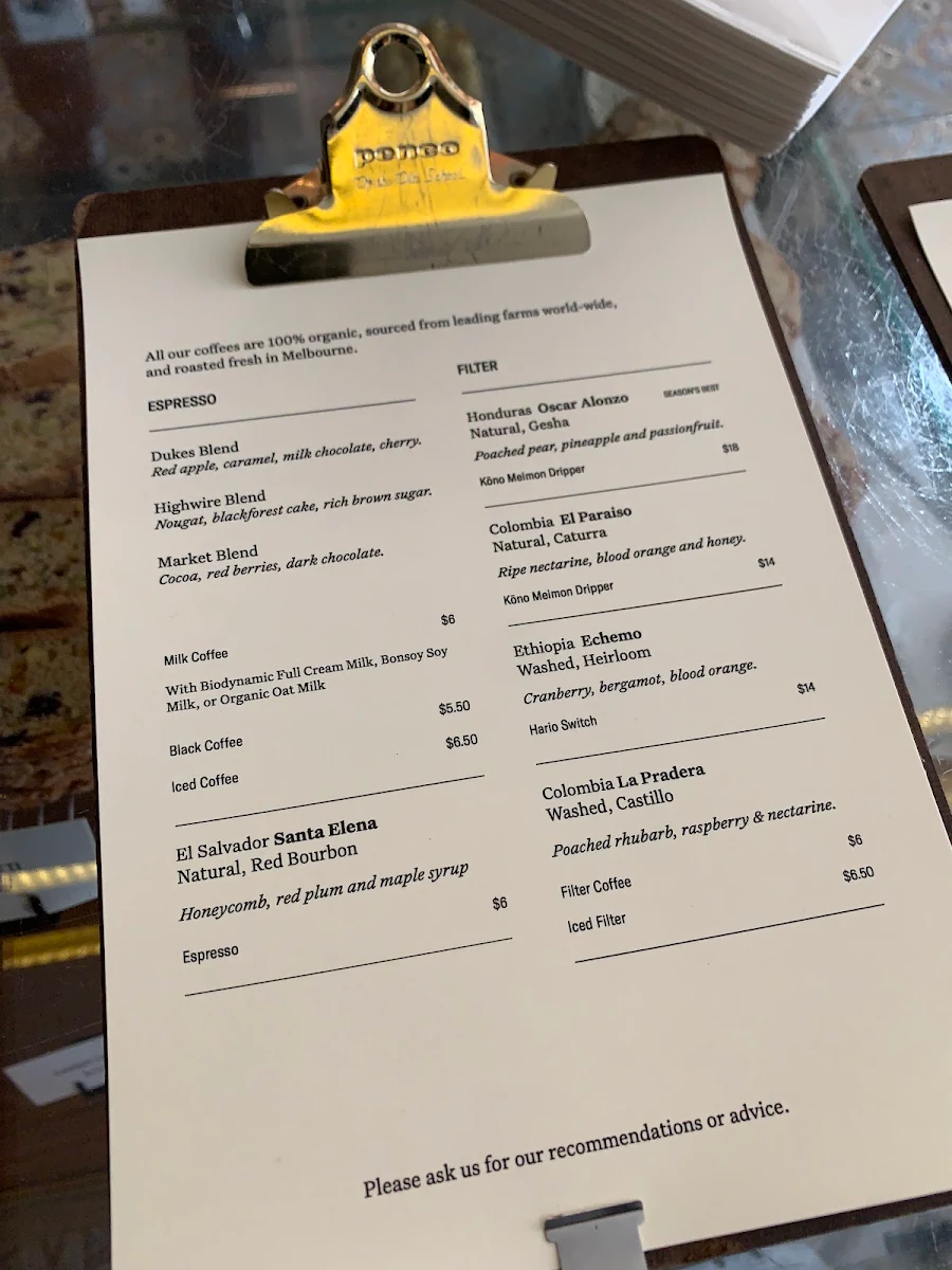 Menu, Dukes Coffee Roasters