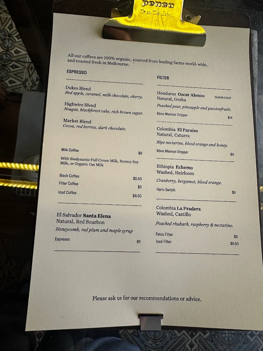 Menu, Dukes Coffee Roasters