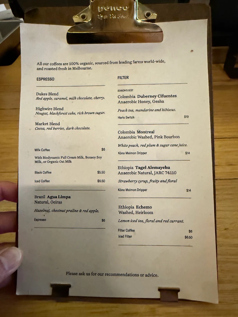 Menu, Dukes Coffee Roasters