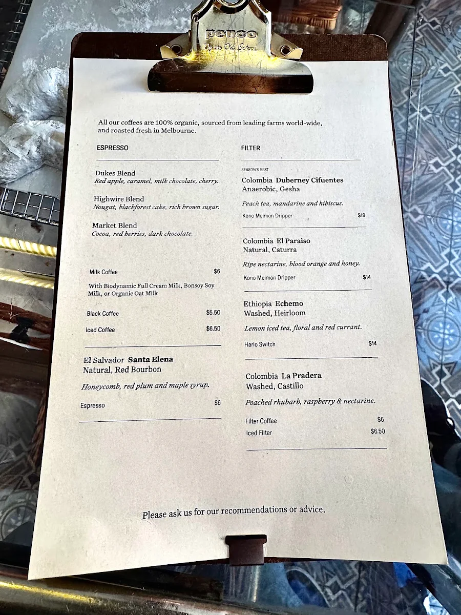 Menu, Dukes Coffee Roasters