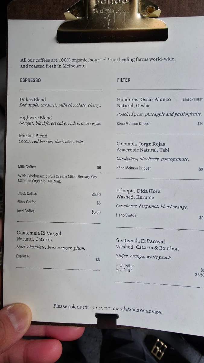Menu, Dukes Coffee Roasters