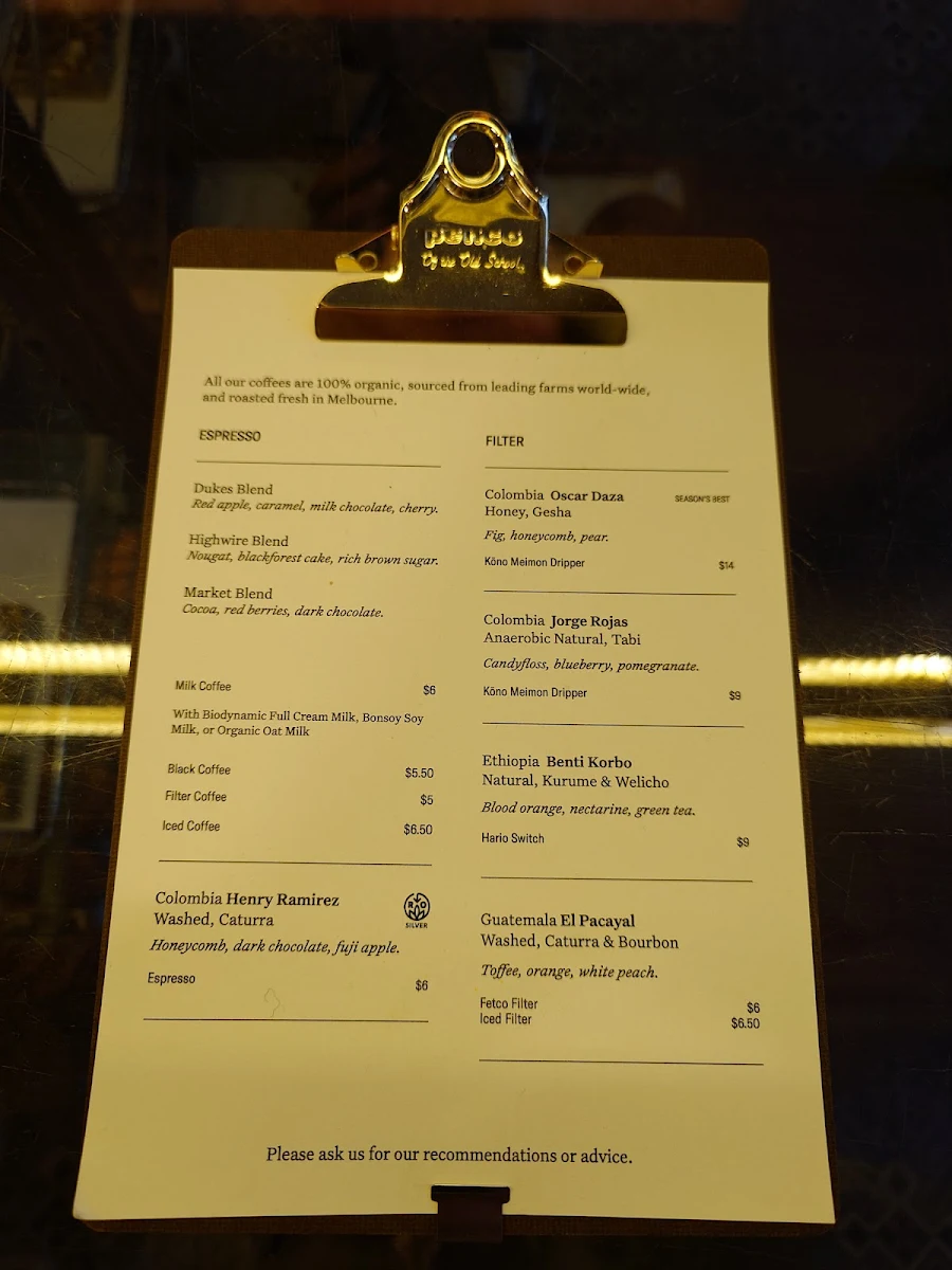 Menu, Dukes Coffee Roasters