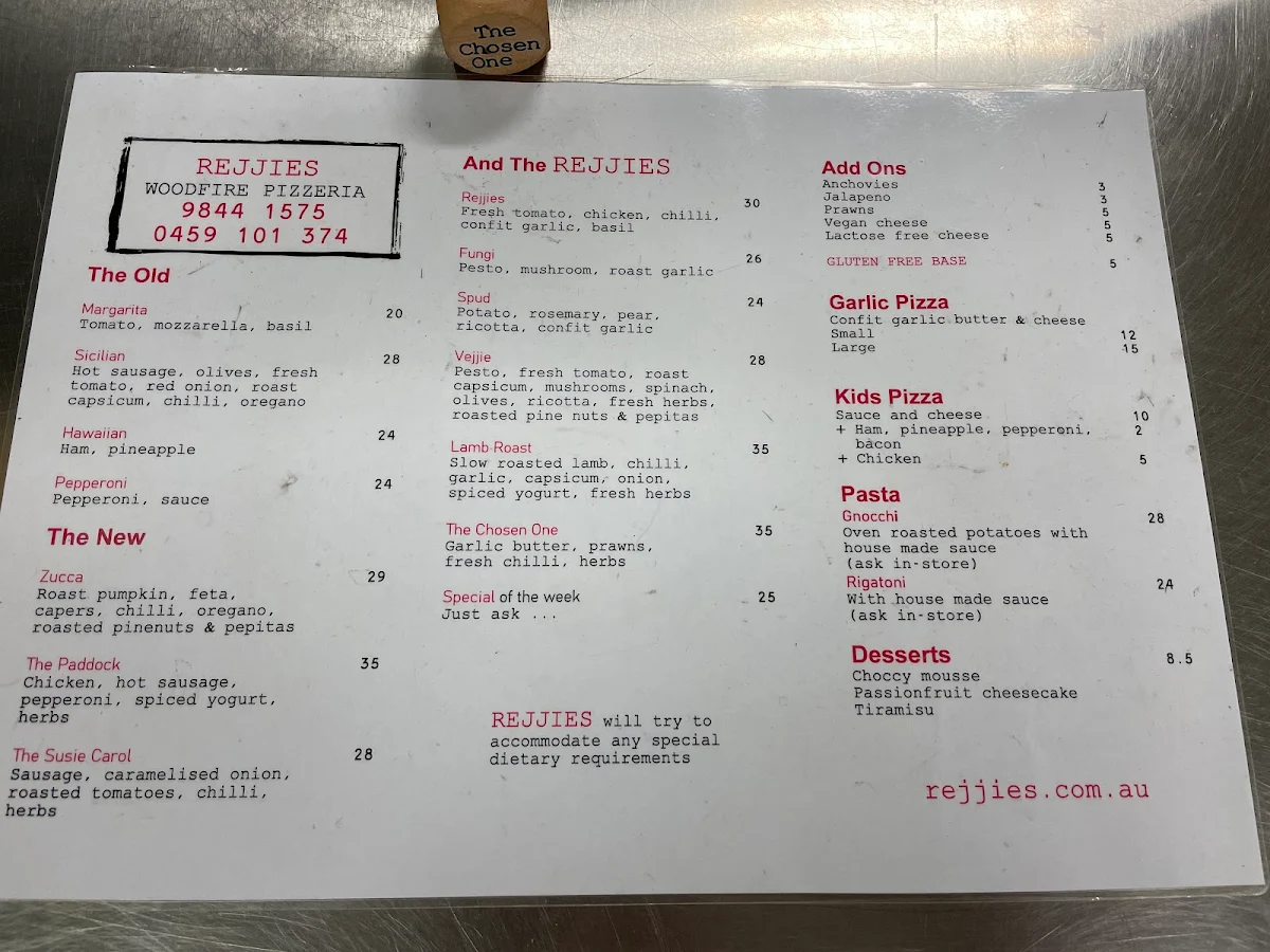 Menu, Rejjies Woodfire Pizzeria
