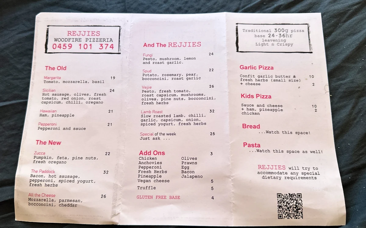 Menu, Rejjies Woodfire Pizzeria