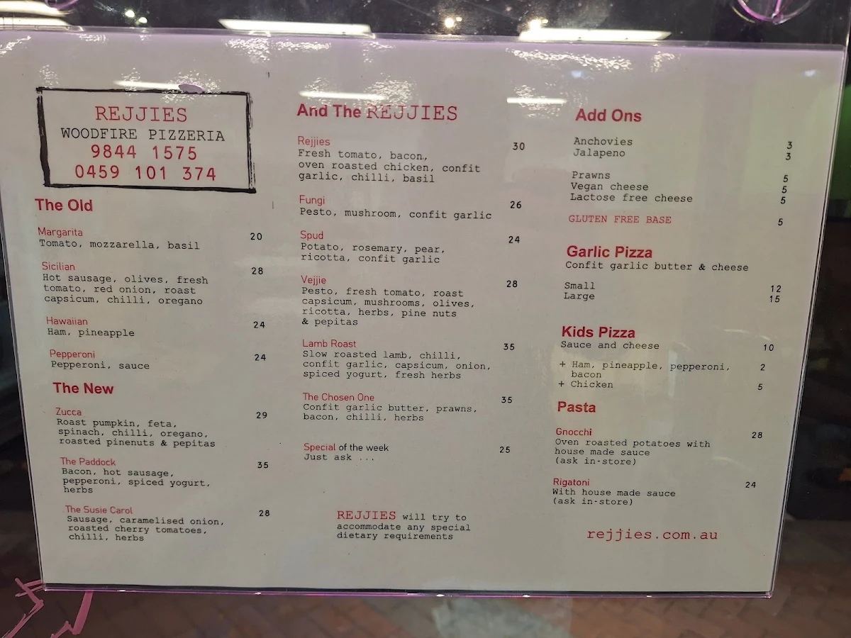 Menu, Rejjies Woodfire Pizzeria