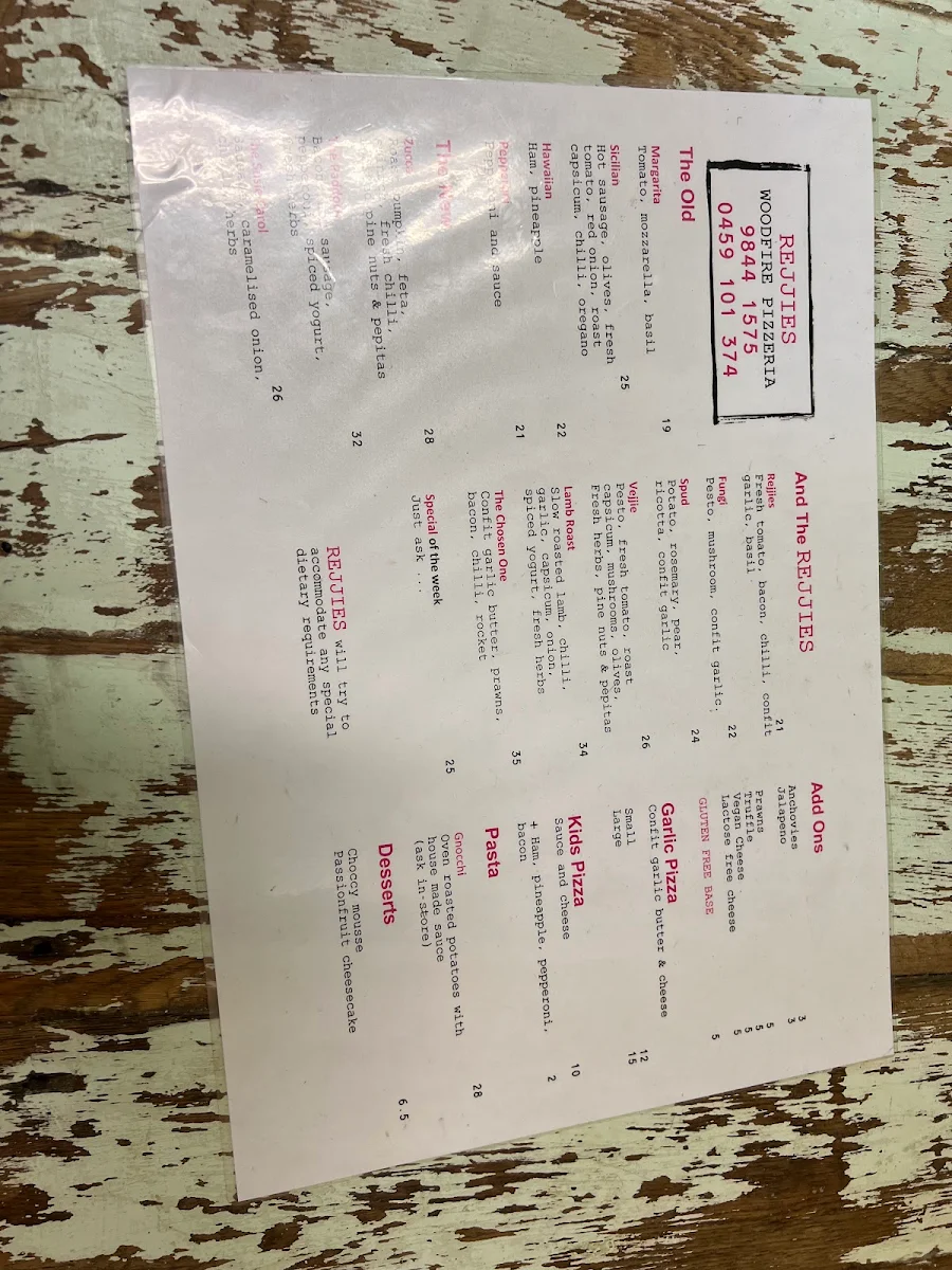 Menu, Rejjies Woodfire Pizzeria