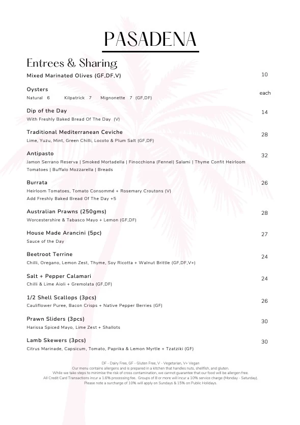 Menu, Pasadena Sydney