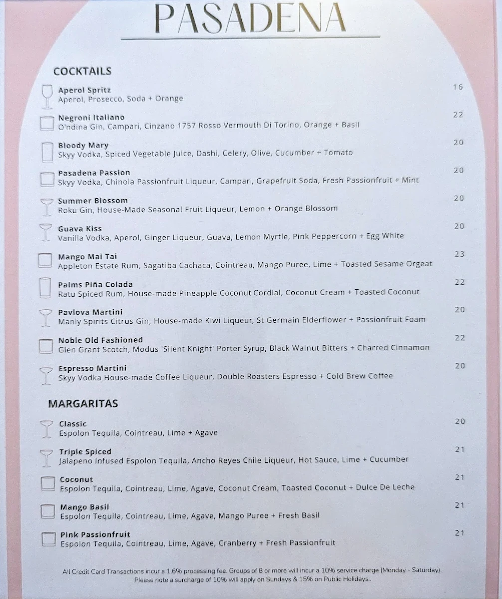Menu, Pasadena Sydney