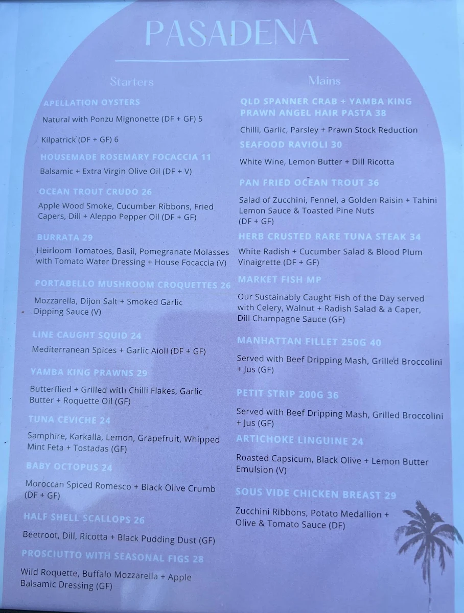 Menu, Pasadena Sydney