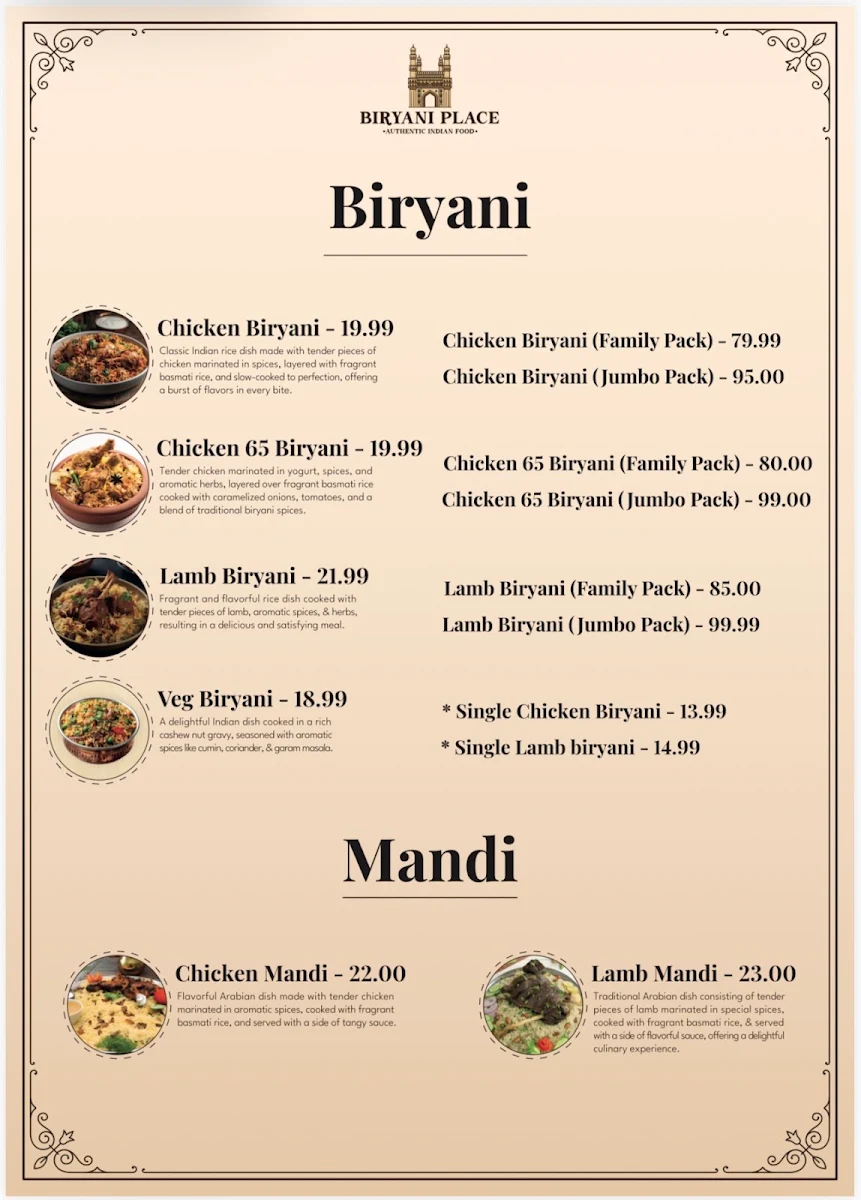 Menu, Biryani Place