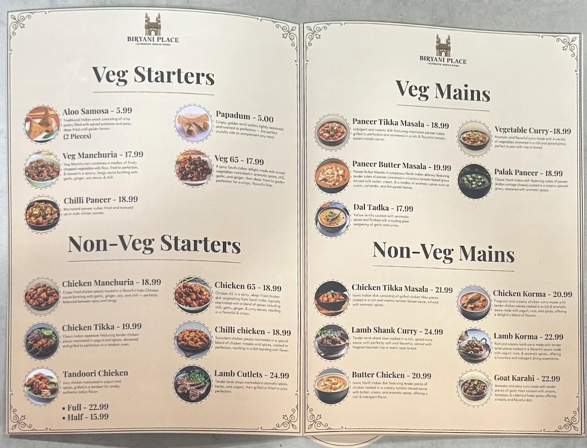 Menu, Biryani Place