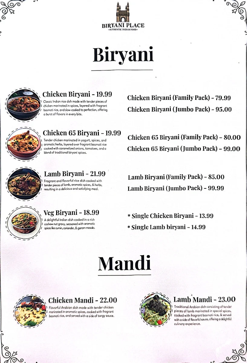 Menu, Biryani Place