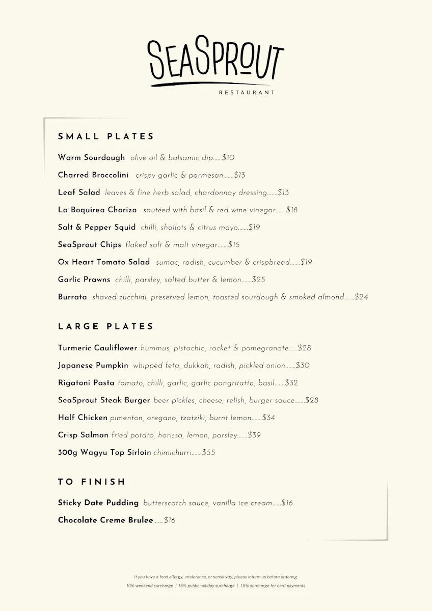 Menu, SeaSprout Cafe & Restaurant Freshwater