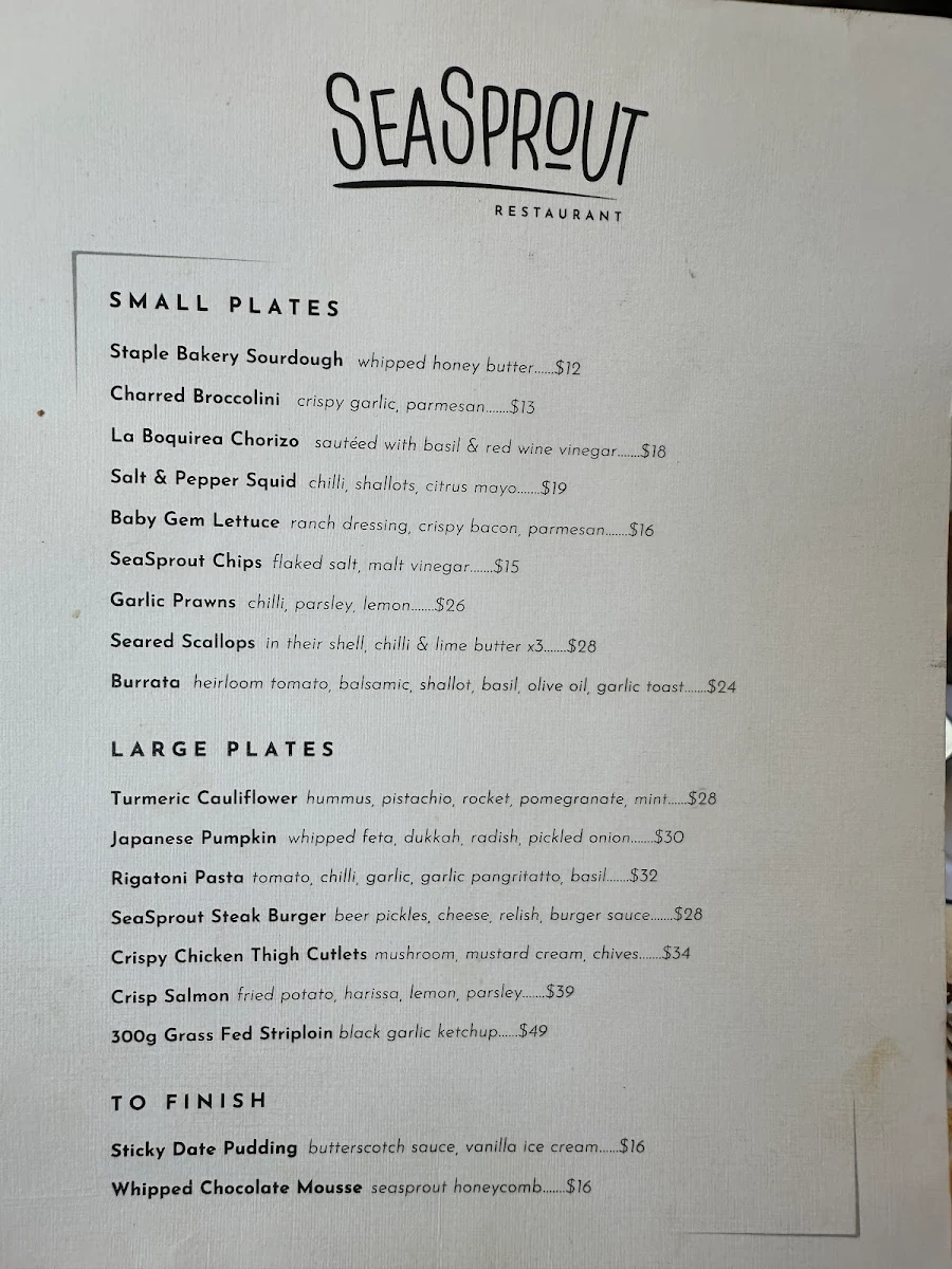 Menu, SeaSprout Cafe & Restaurant Freshwater