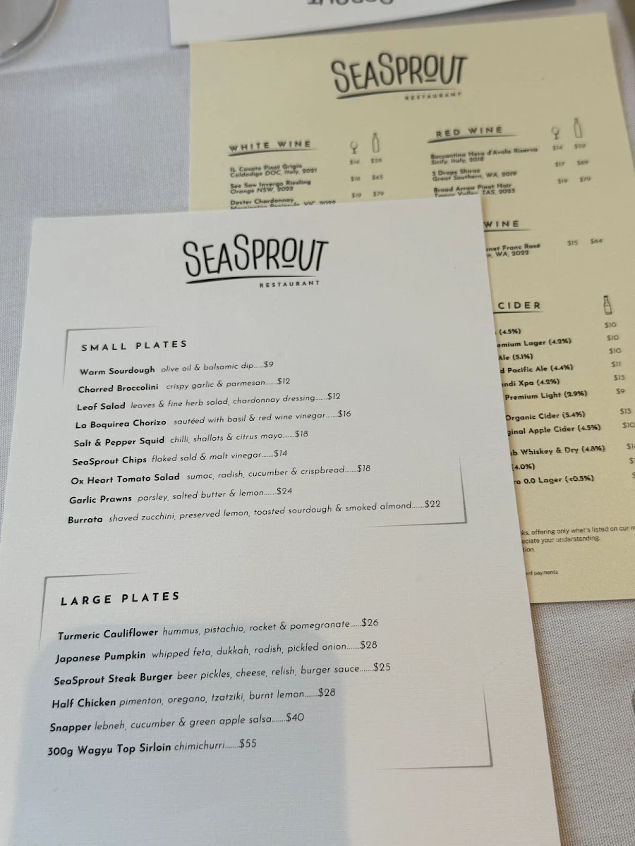 Menu, SeaSprout Cafe & Restaurant Freshwater