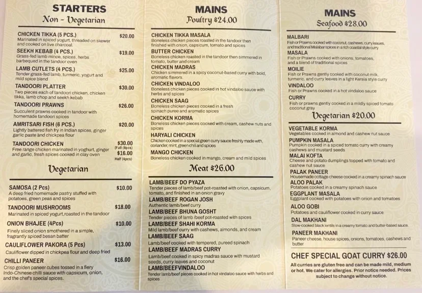 Menu, Zaika Indian Restaurant