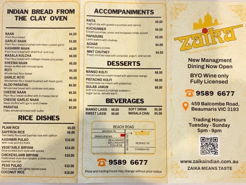 Menu, Zaika Indian Restaurant