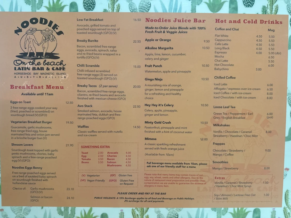 Menu, Noodies on the Beach
