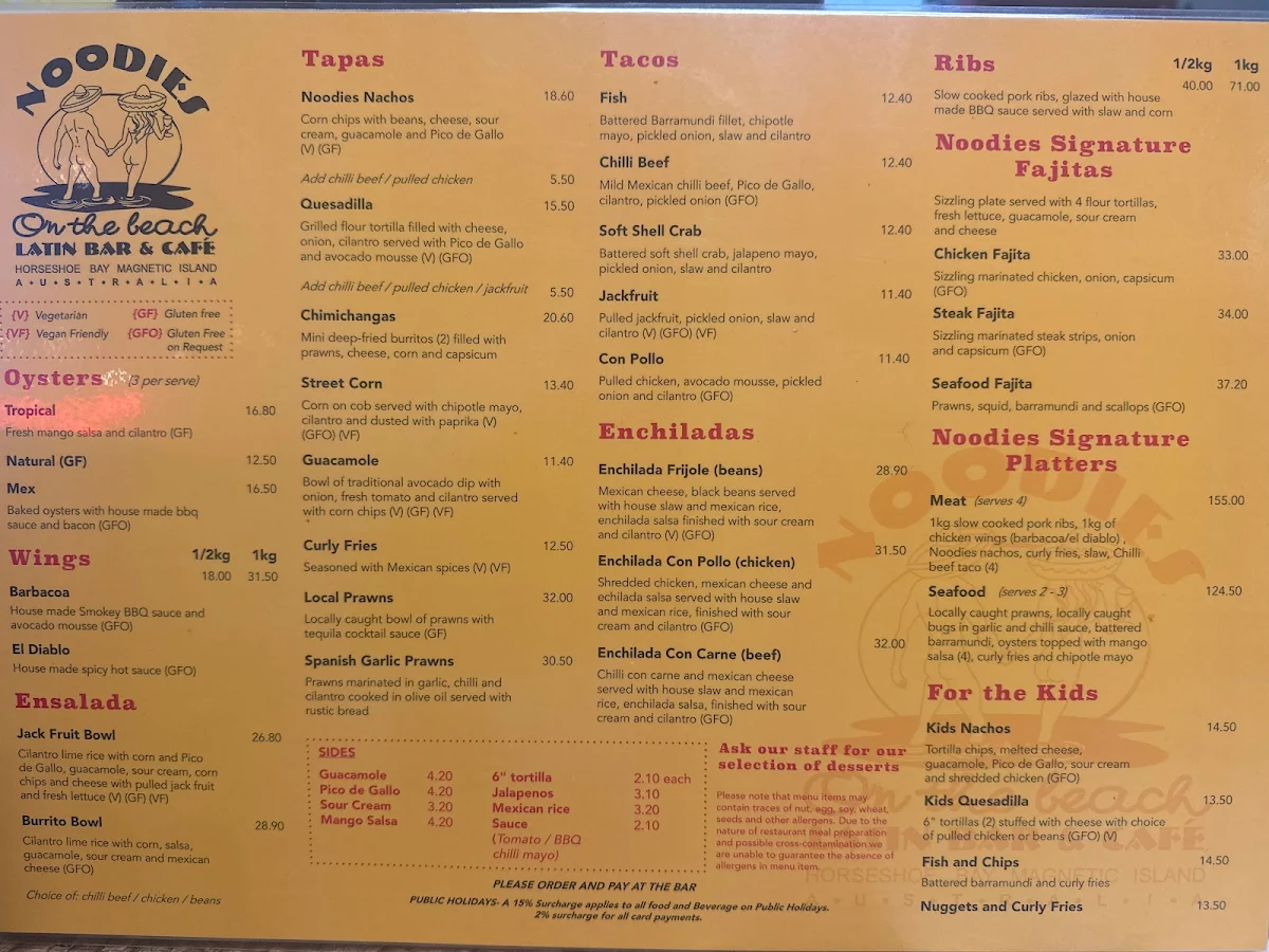Menu, Noodies on the Beach
