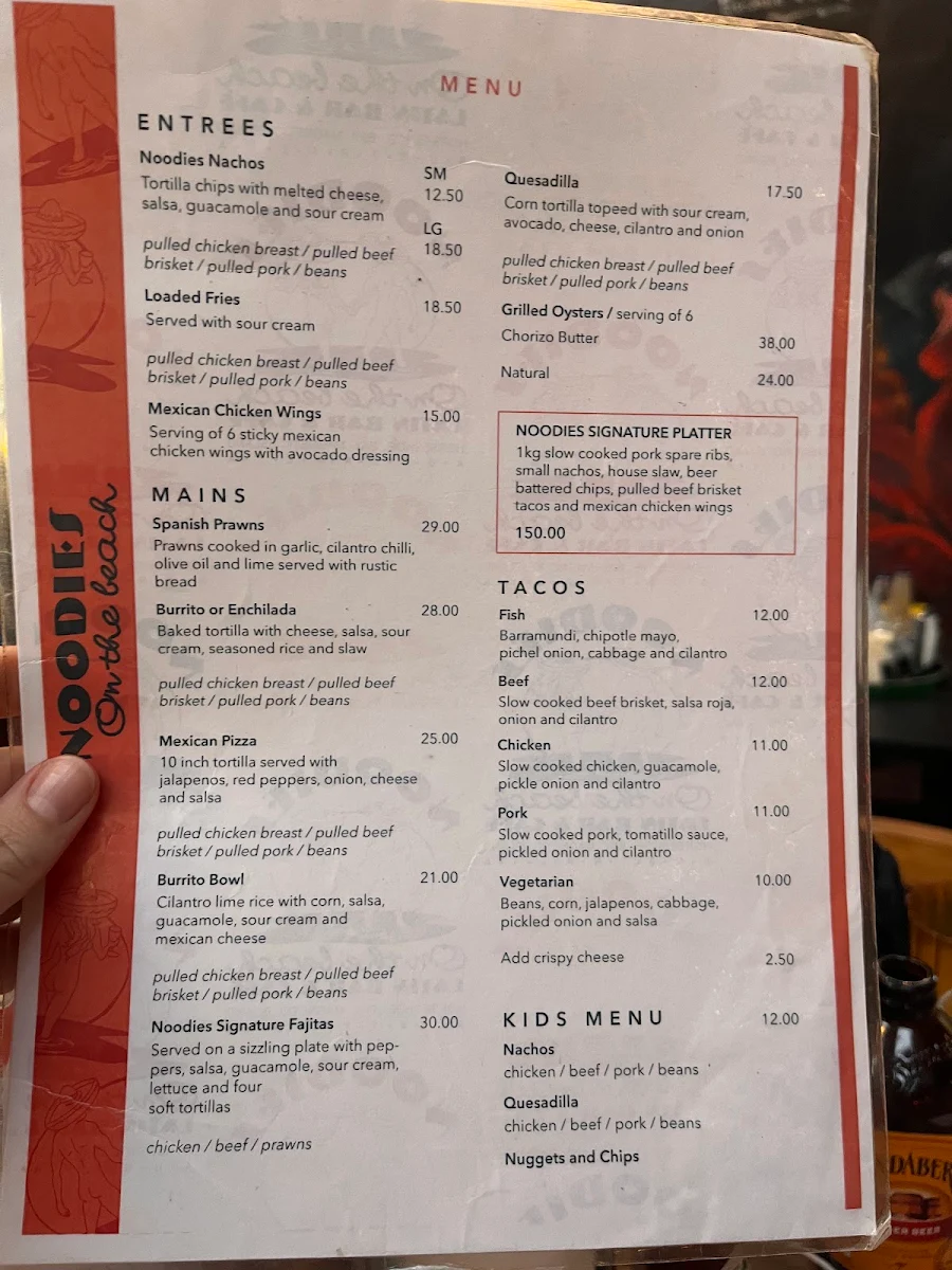 Menu, Noodies on the Beach