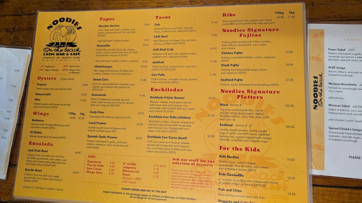 Menu, Noodies on the Beach