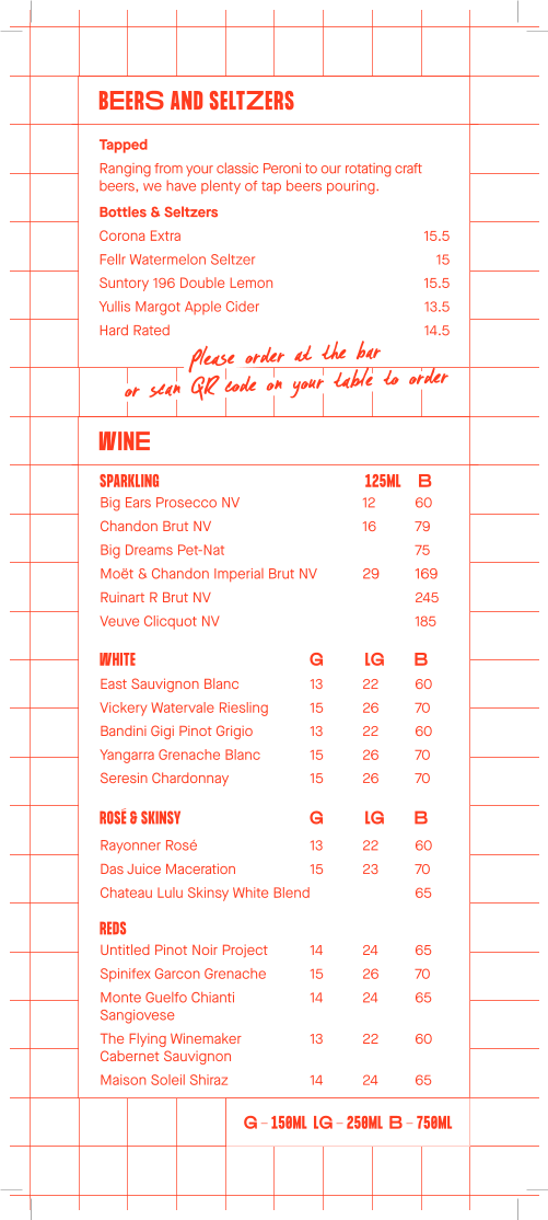 Menu, House Bar