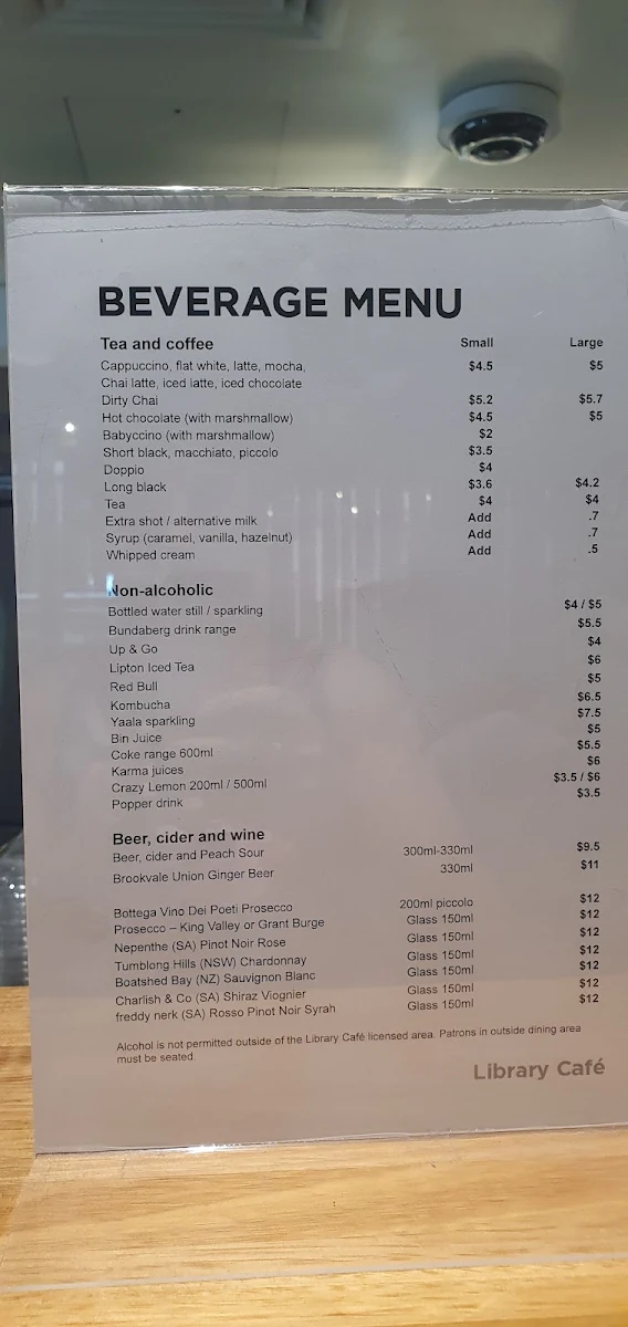 Menu, The Library Cafe