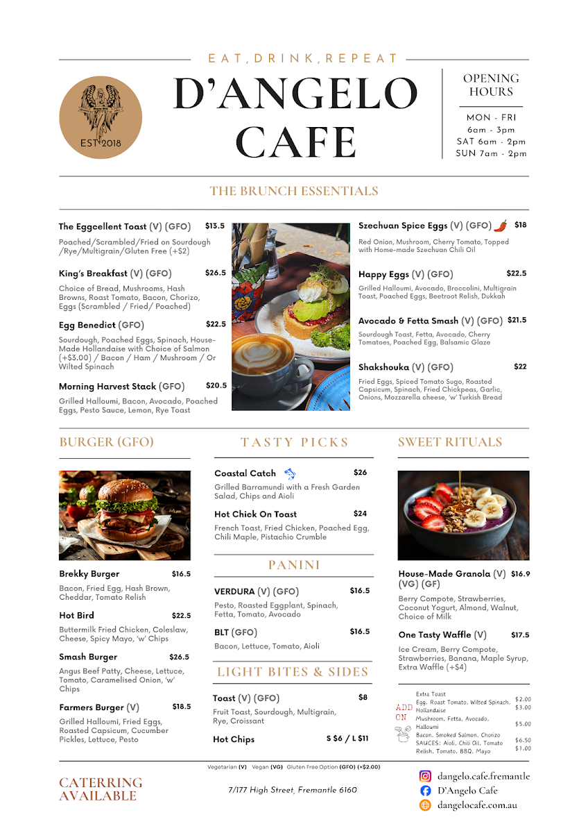 Menu, D'Angelo Cafè