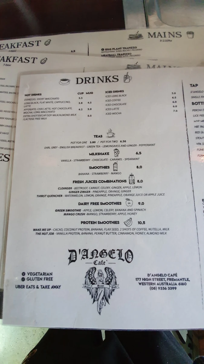 Menu, D'Angelo Cafè