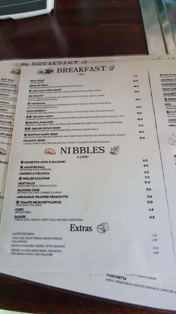 Menu, D'Angelo Cafè