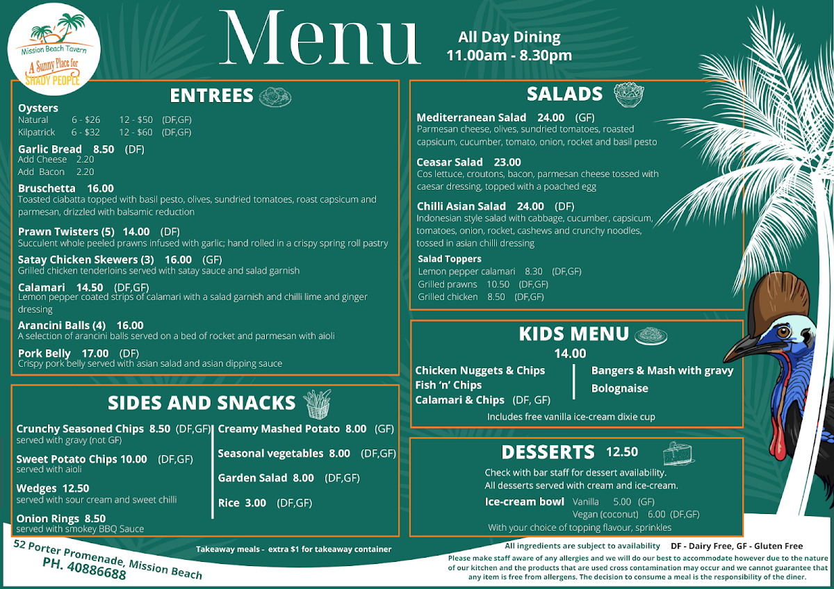 Menu, Mission Beach Tavern