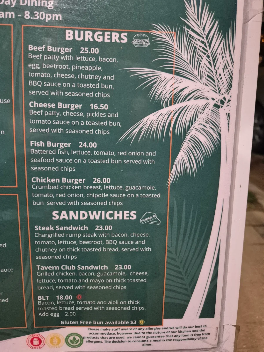 Menu, Mission Beach Tavern