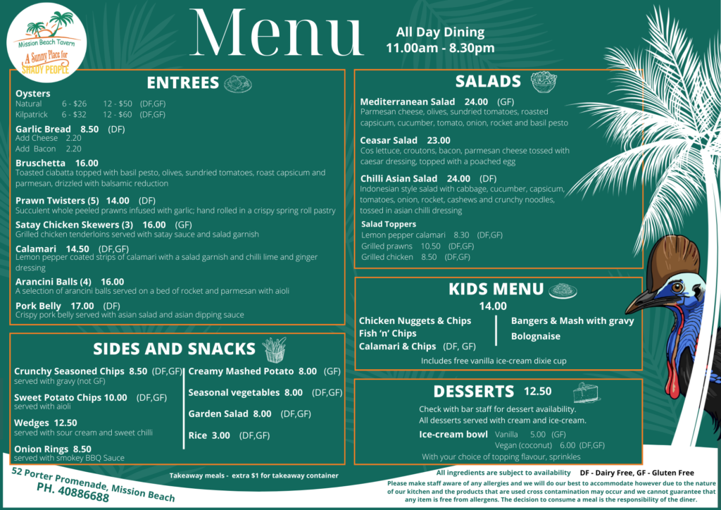 Menu, Mission Beach Tavern