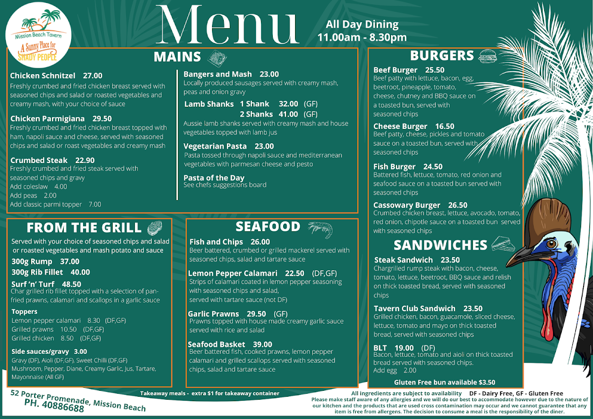 Menu, Mission Beach Tavern
