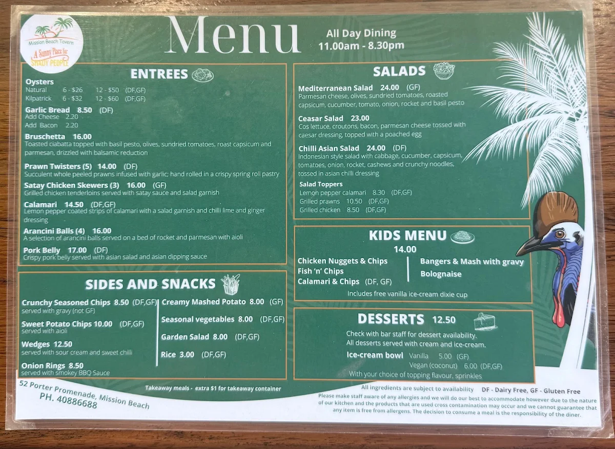 Menu, Mission Beach Tavern