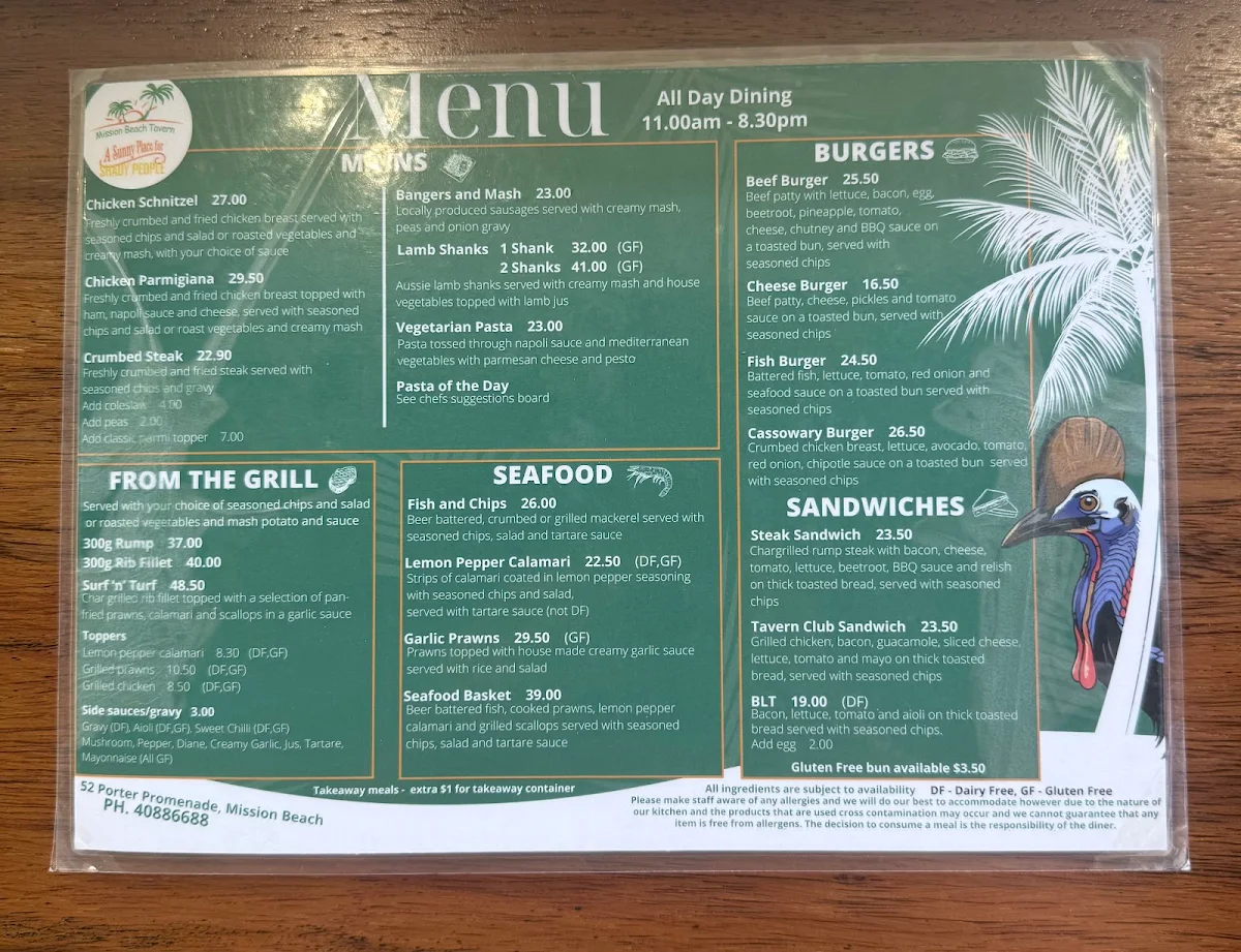 Menu, Mission Beach Tavern