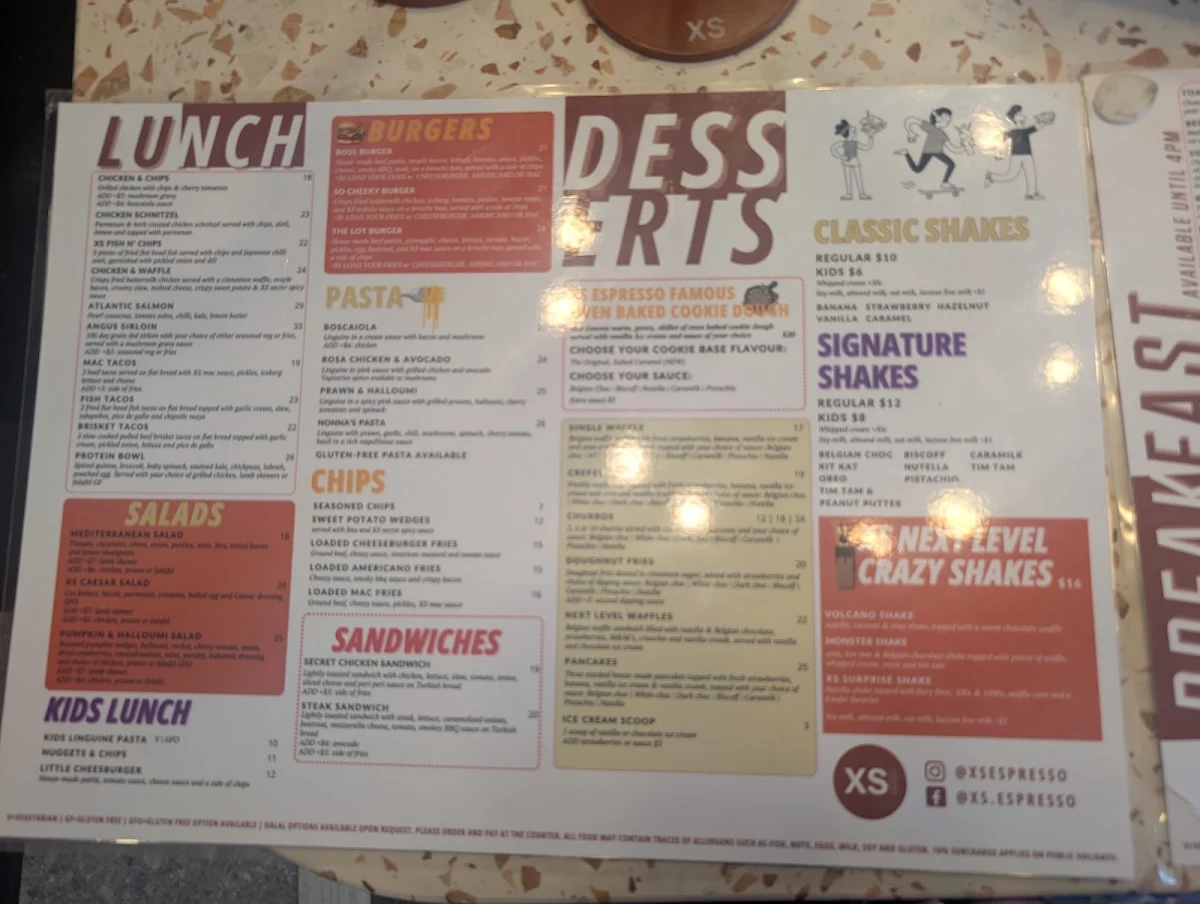 Menu, XS Espresso Wetherill Park