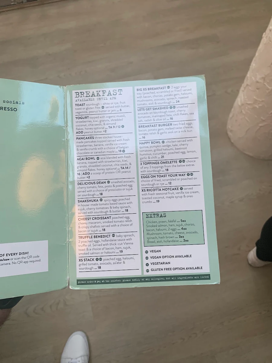 Menu, XS Espresso Wetherill Park