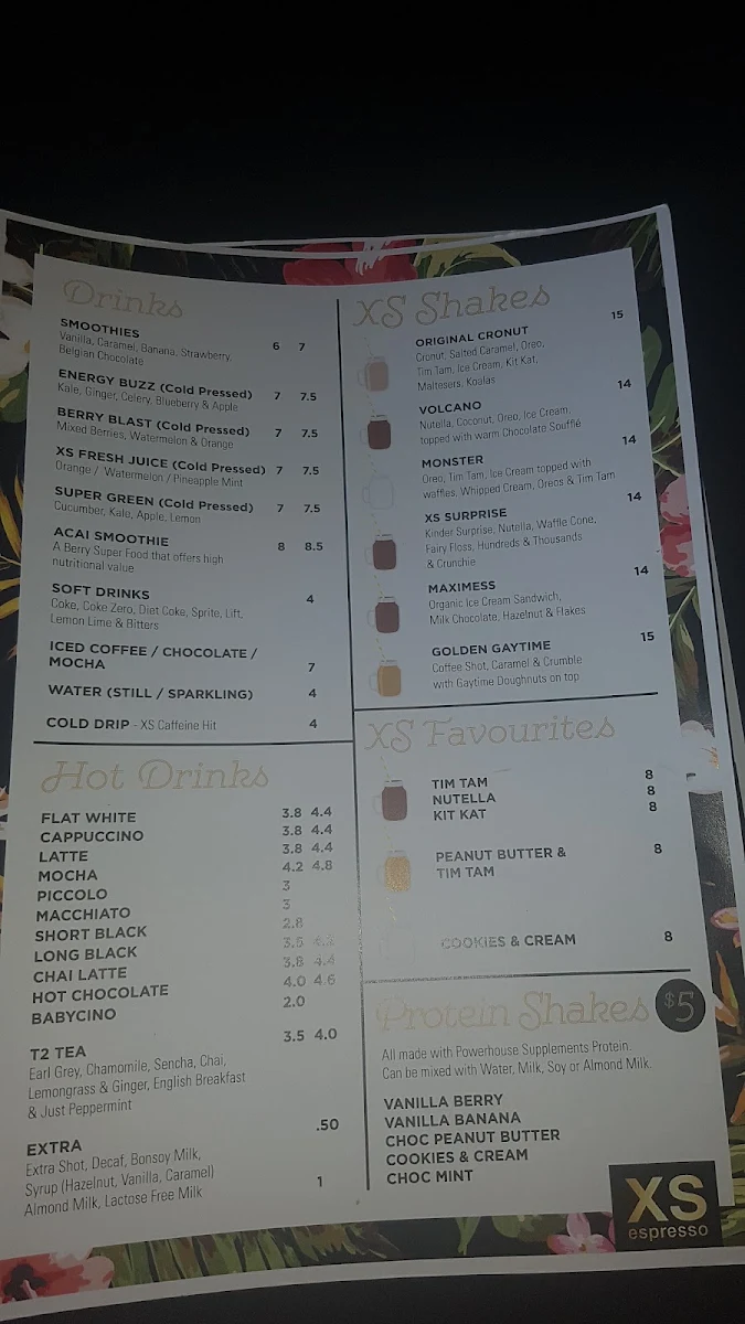 Menu, XS Espresso Wetherill Park