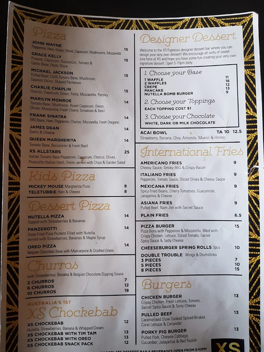 Menu, XS Espresso Wetherill Park