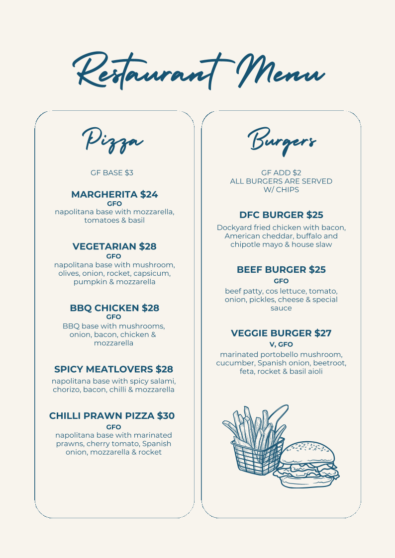 Menu, The Dockyard