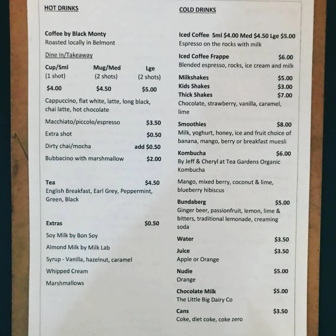 Menu, Marks Point Post Office & Cafe