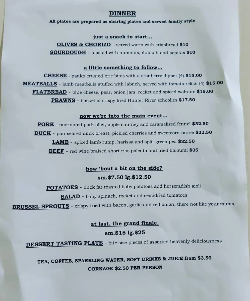 Menu, Marks Point Post Office & Cafe