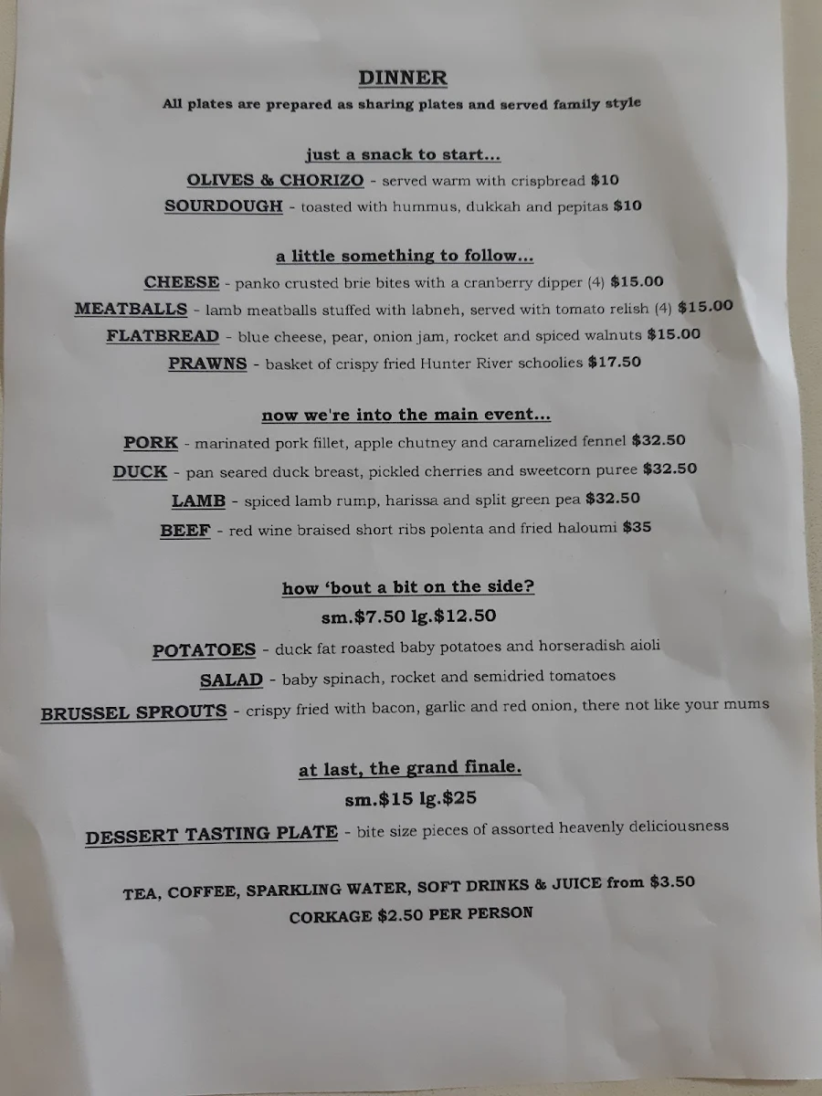 Menu, Marks Point Post Office & Cafe