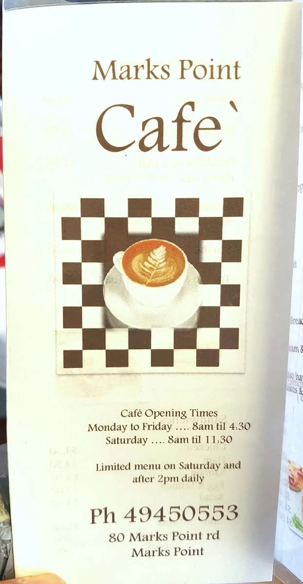 Menu, Marks Point Post Office & Cafe