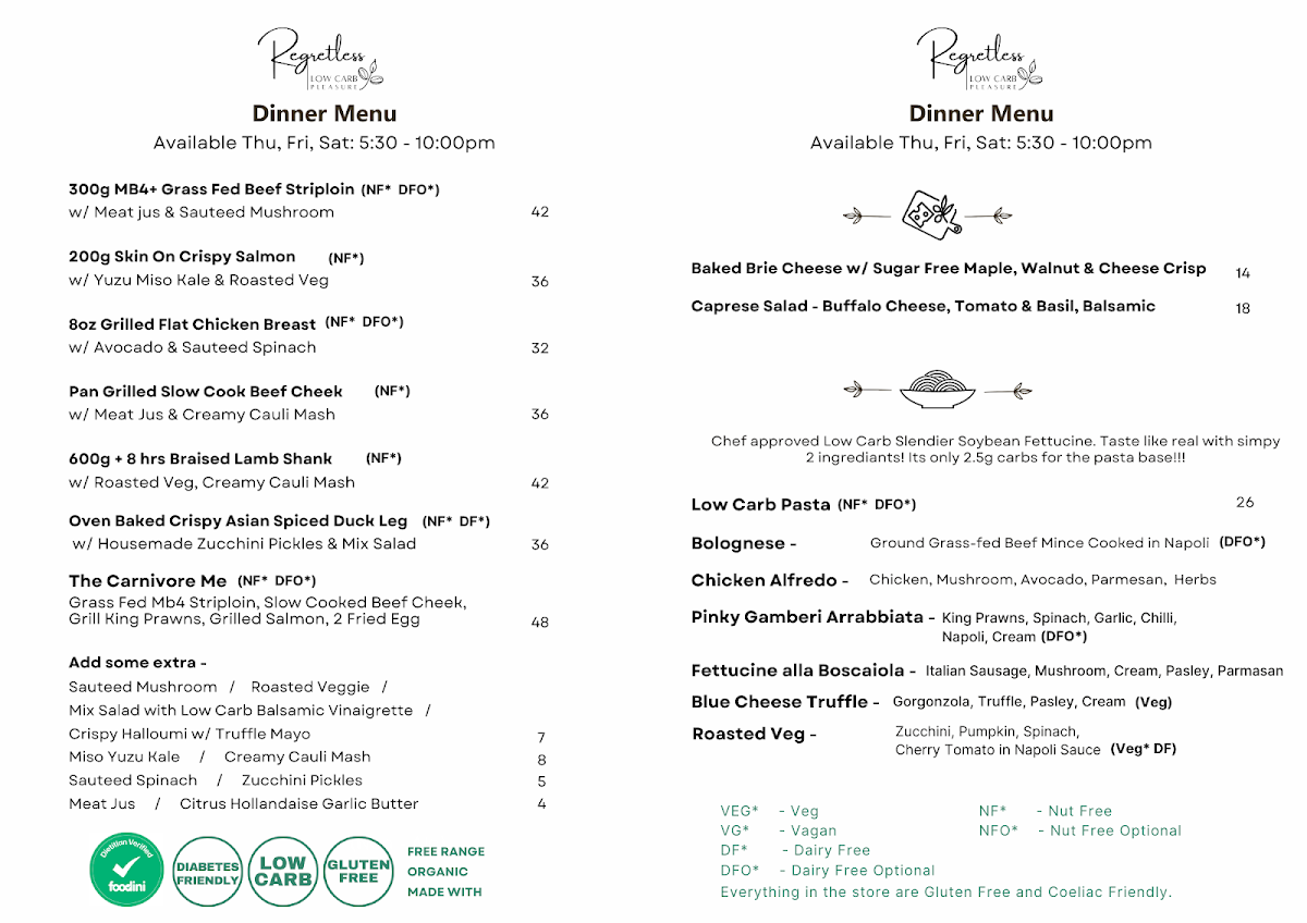 Menu, Regretless - Low Carb Pleasure