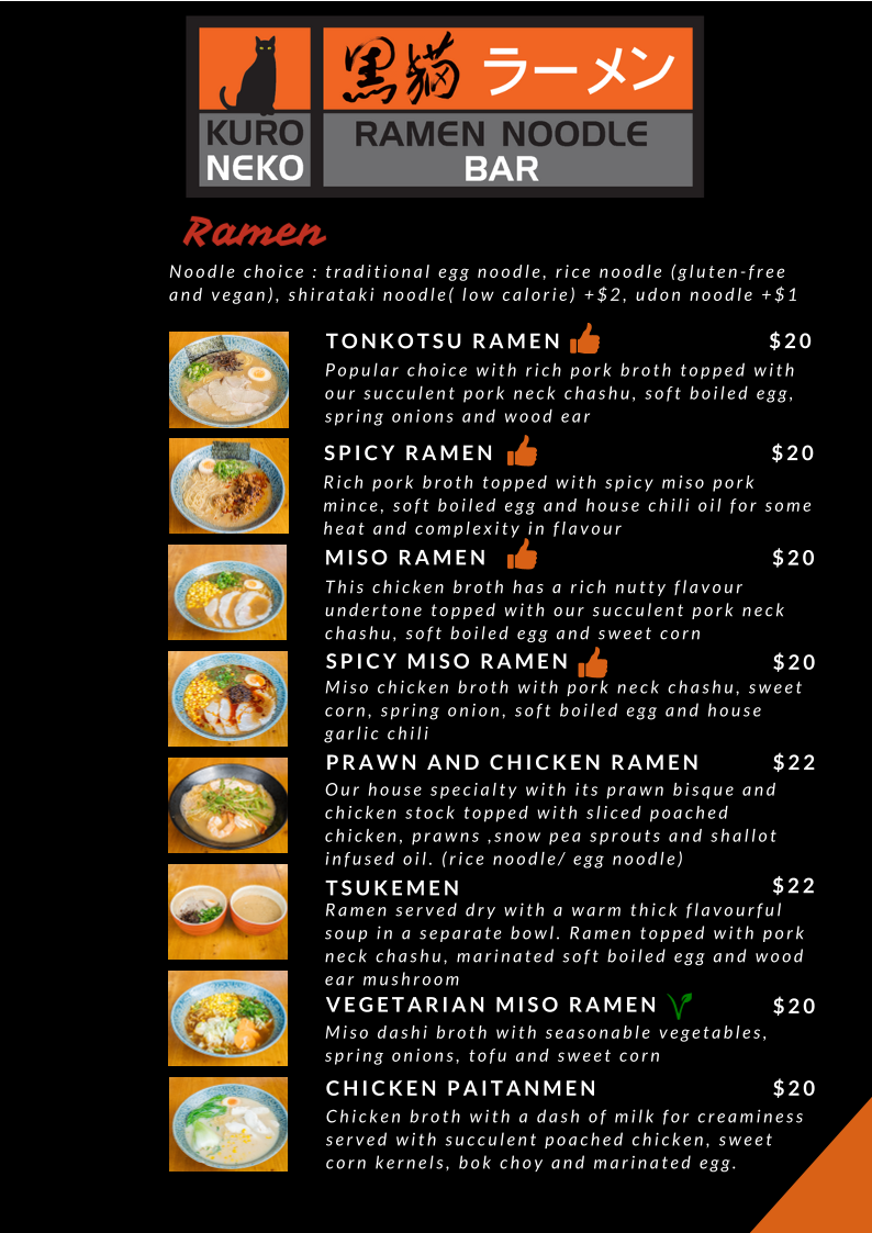 Menu, Kuroneko Ramen Noodle Bar